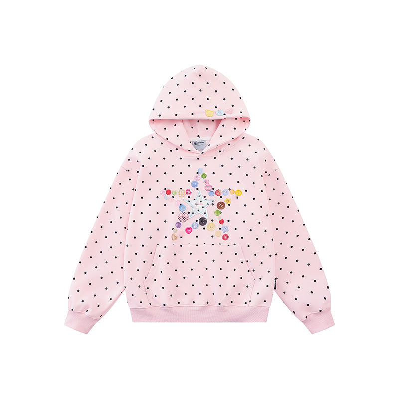 Women's hoodie with button star appliqué, allover polka dot and kangaroo pocket Chichicherry