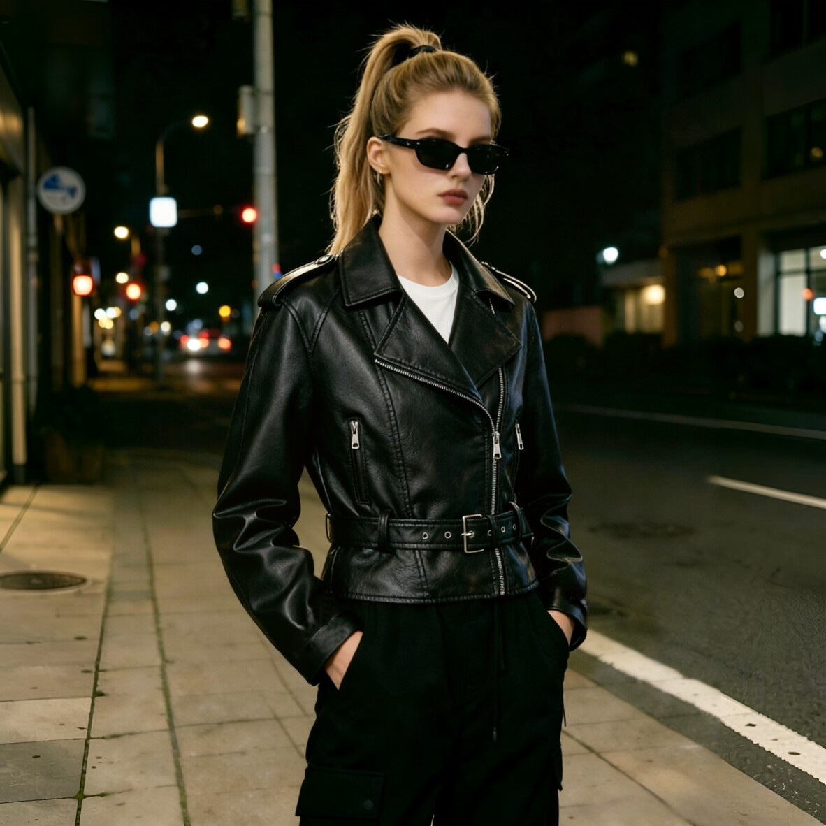 Women's short jacket in biker style made of soft faux leather with asymmetrical zipper and waist belt Chichicherry
