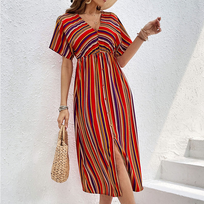 Women's Striped Midi Dress with V-Neck, Button Placket and Waist Gathered Chichicherry