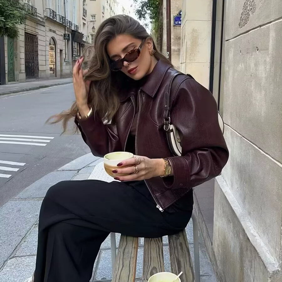 Women's Glossy Faux Leather Blouson Jacket with Zip and Elastic Hem Chichicherry