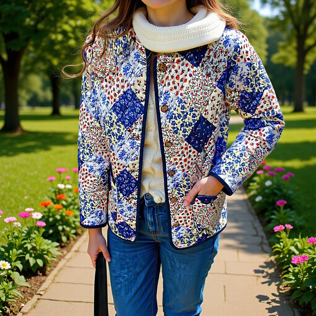 Women Padded Patchwork Quilted Coat with Floral Inserts and Patch Pockets Chichicherry