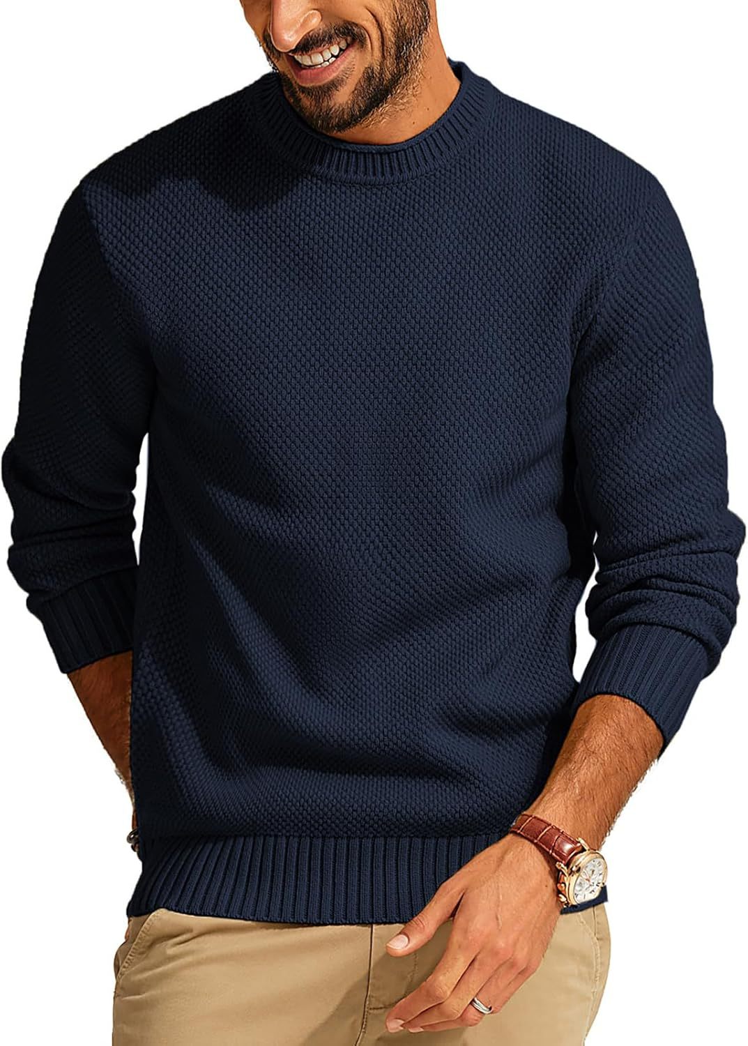 Men's Waffle Knit Sweater with Round Neck Chichicherry