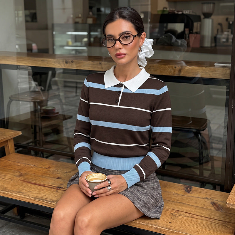 Women's Slim-Fit Polo Knit Sweater with Retro Stripes and Contrasting Shirt Collar Chichicherry