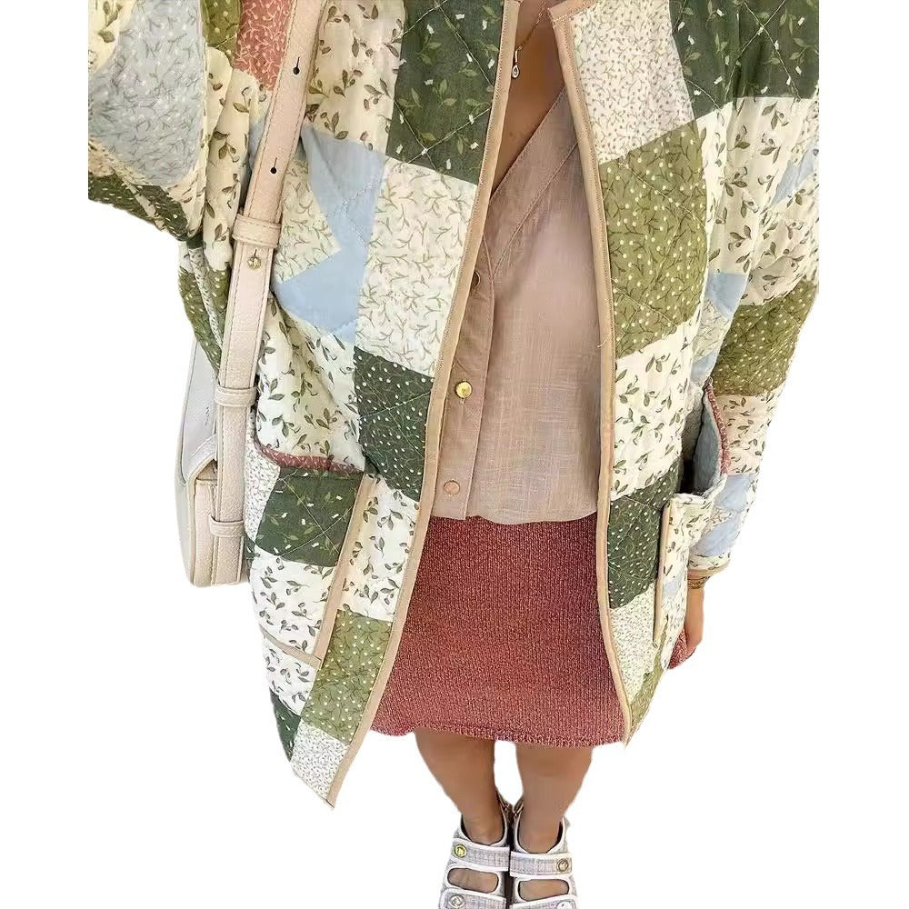 Women Padded Patchwork Quilted Coat with Floral Inserts and Patch Pockets Chichicherry