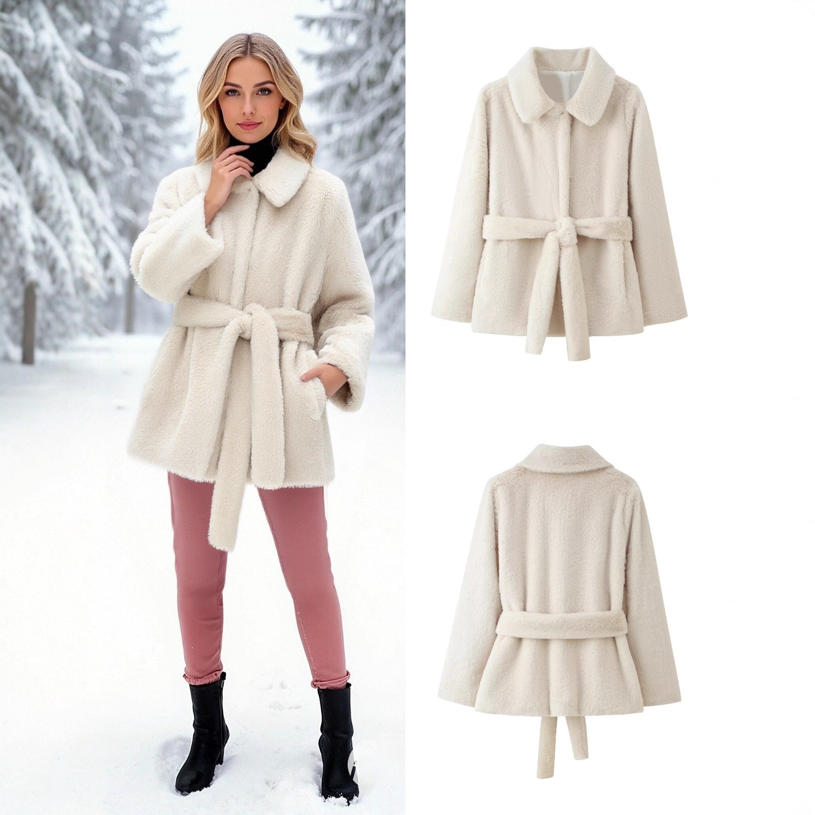 Women's short coat made of cuddly faux fur with shirt collar and tie belt Chichicherry