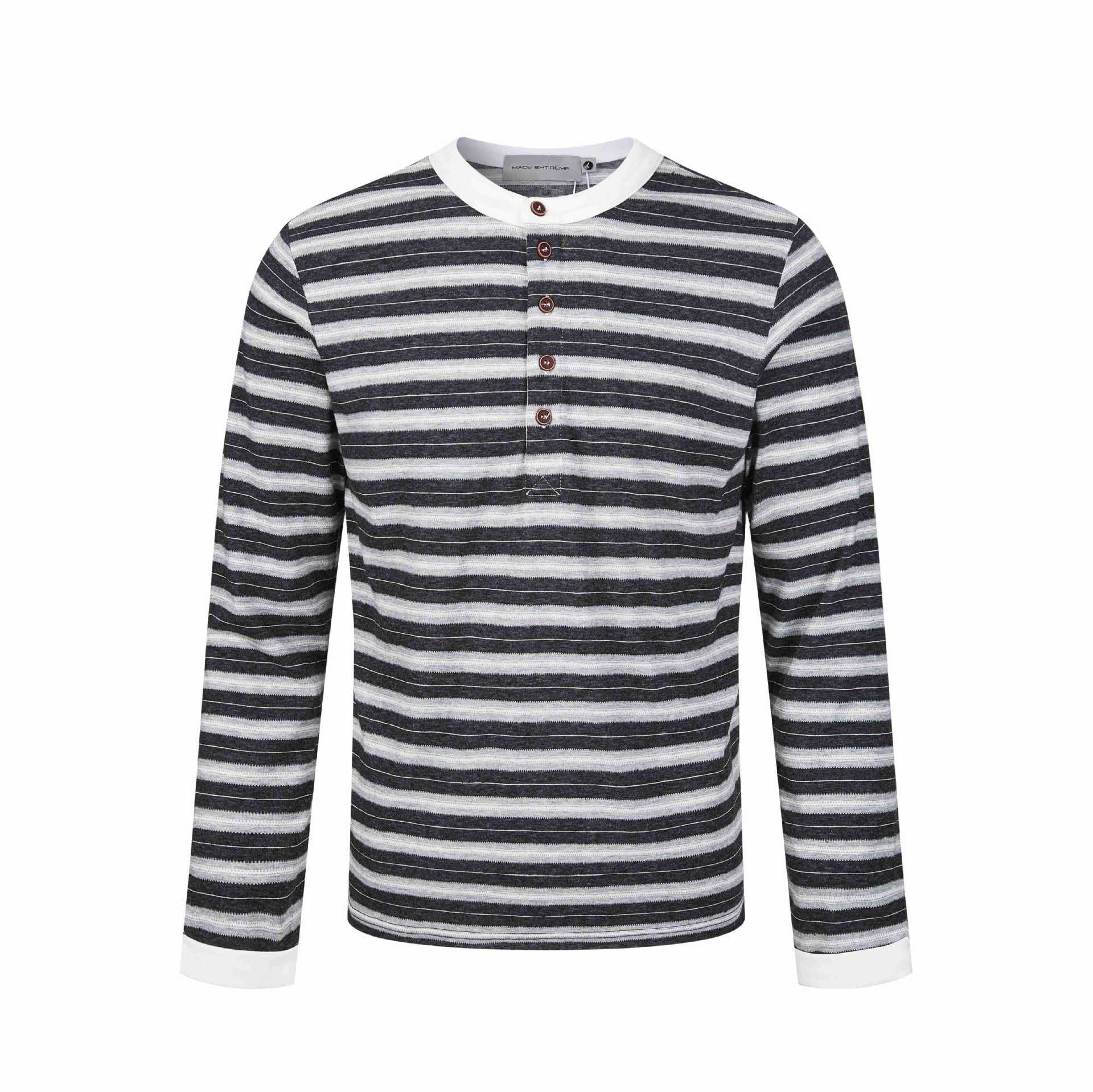 Men's long sleeve Henley shirt with striped texture and contrast collar Chichicherry