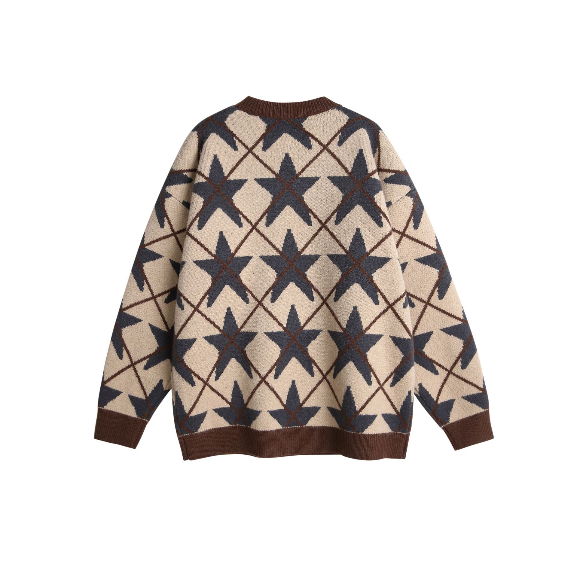 Unisex Chunky Knit Crew Neck Sweater with Star Jacquard Chichicherry