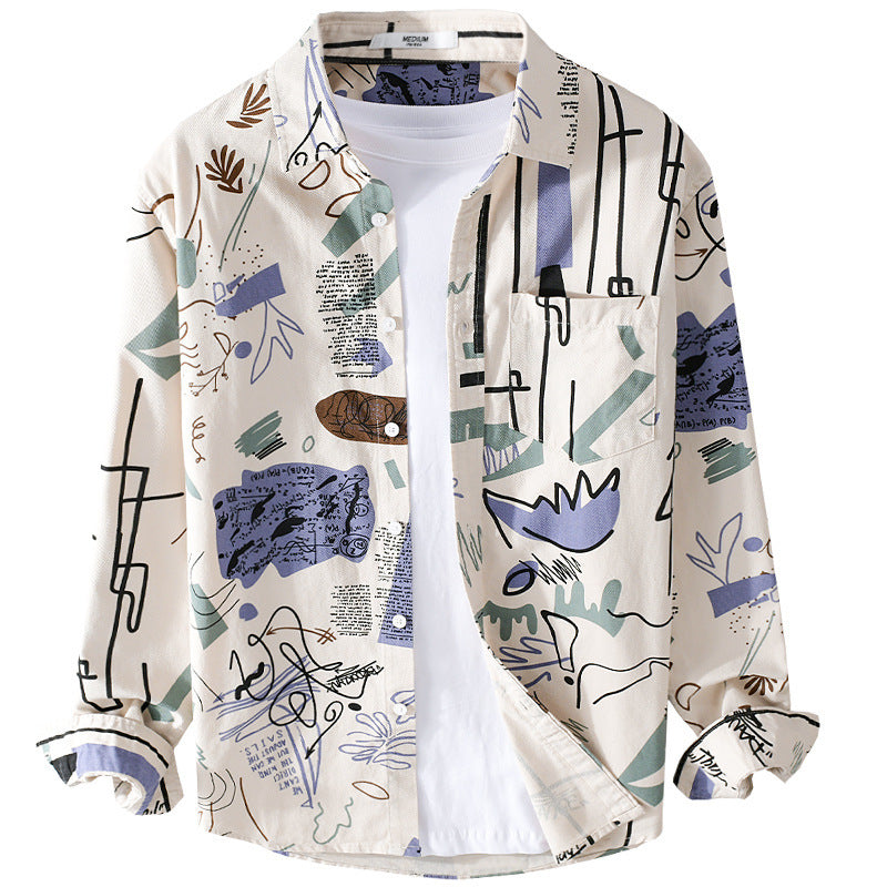 Men's Loose Shirt Jacket Overshirt with Abstract Sketch Print, Chest Pocket, and Soft Cotton Feel Chichicherry
