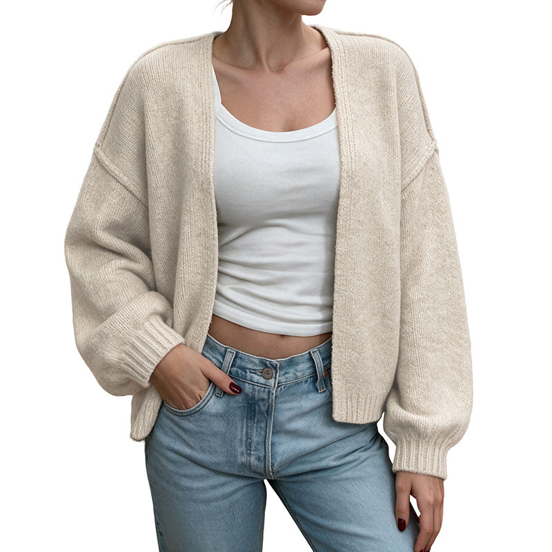 Women Oversized Knit Cardigan with Balloon Sleeves and Open Front