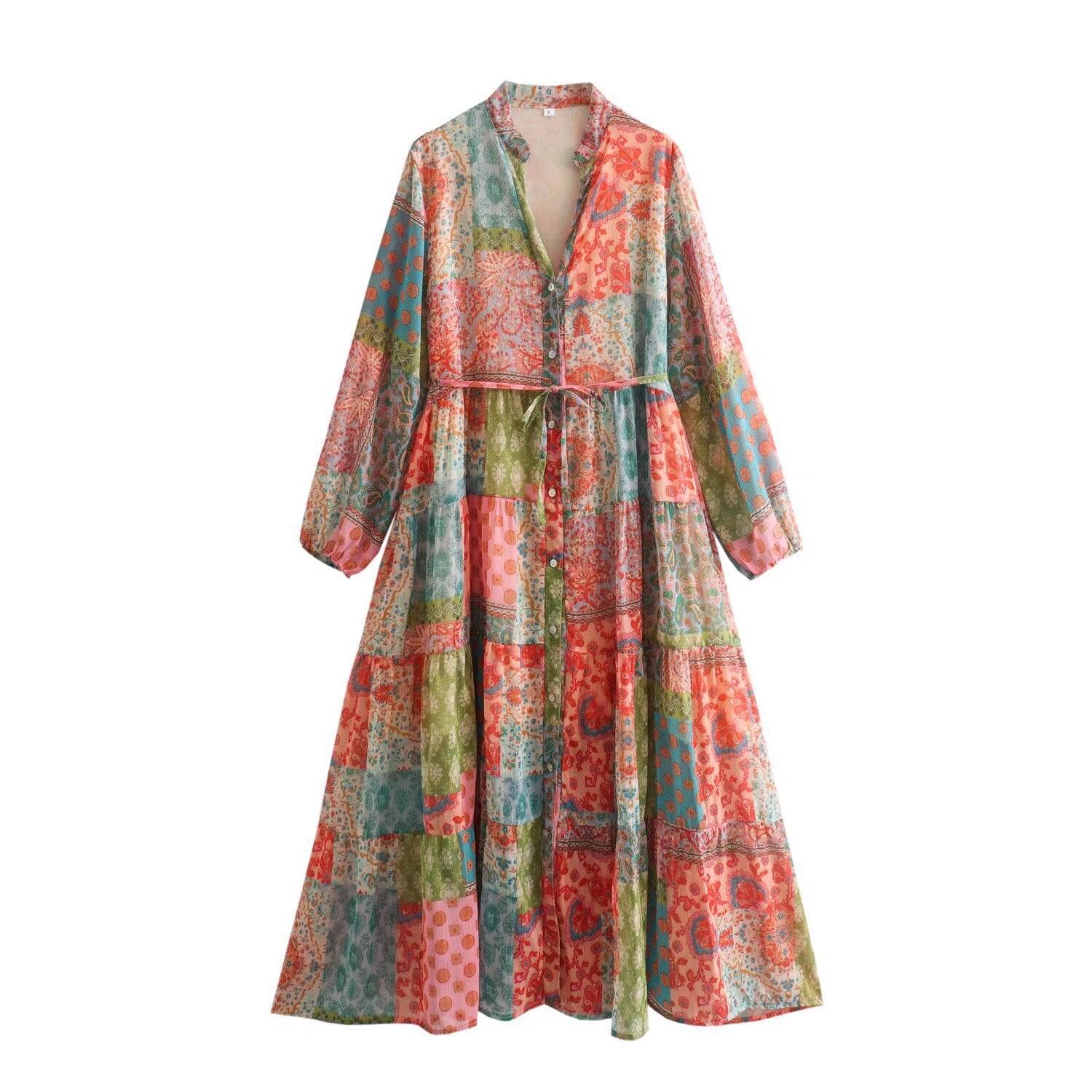 Women’s maxi dress with paisley print, V-neck, waist band and tiered skirt Chichicherry