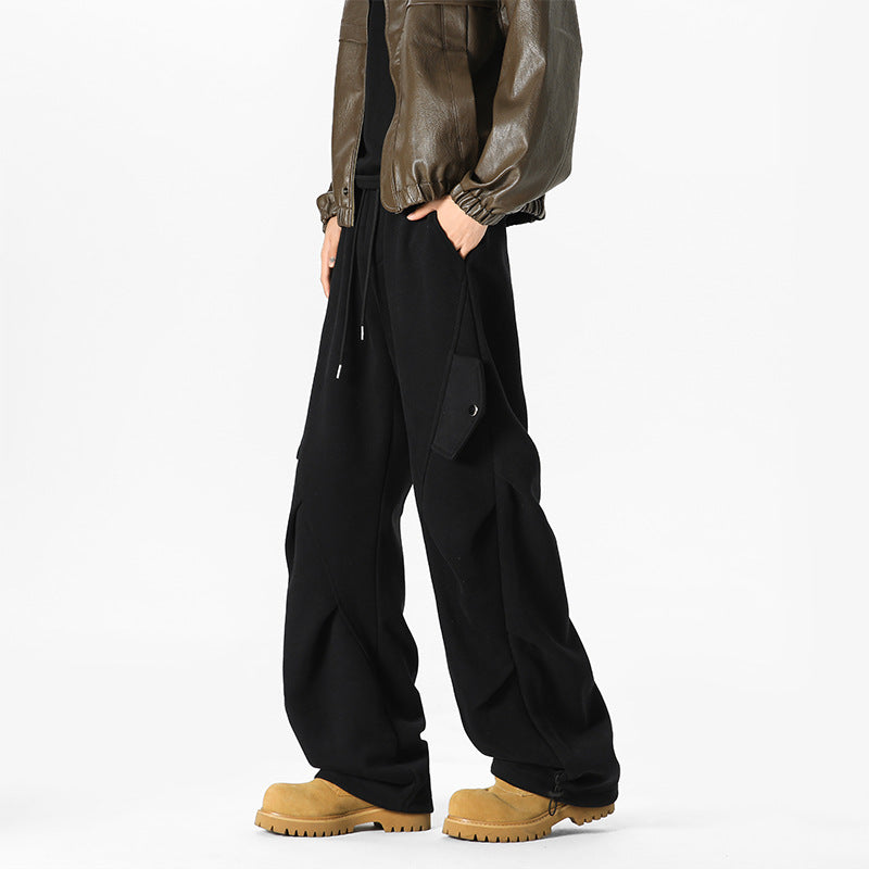 Men's Casual Cargo Fleece Pants with Wide Leg, Drawstring Waistband and Patch Flap Pockets Chichicherry