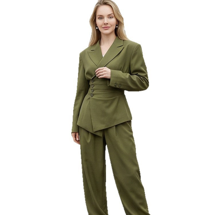 Women's Tailored Blazer Set with Asymmetrical Button Closure and Relaxed Pleated Trousers Chichicherry