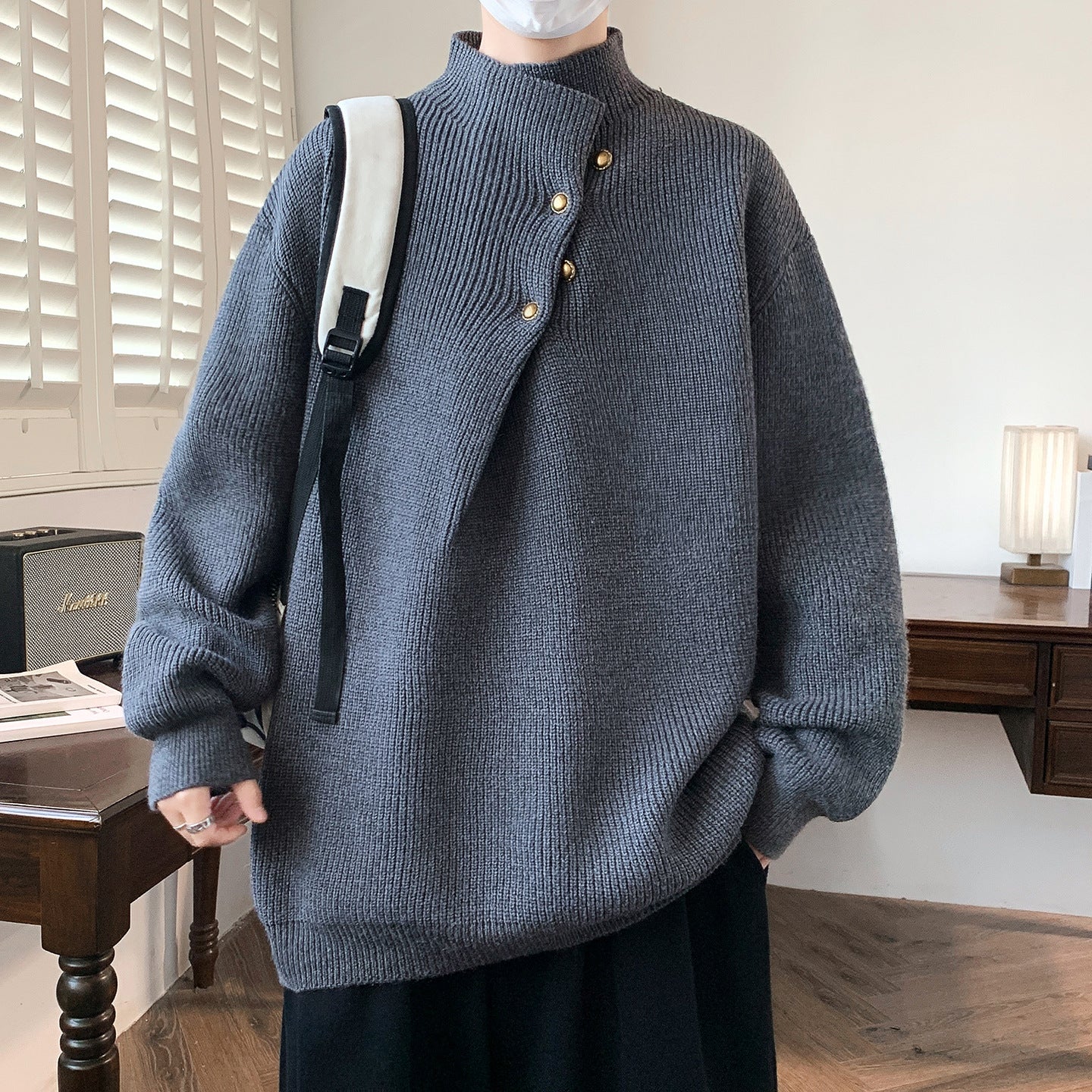Men's Oversized Ribbed Sweater with Asymmetric Button Collar Chichicherry