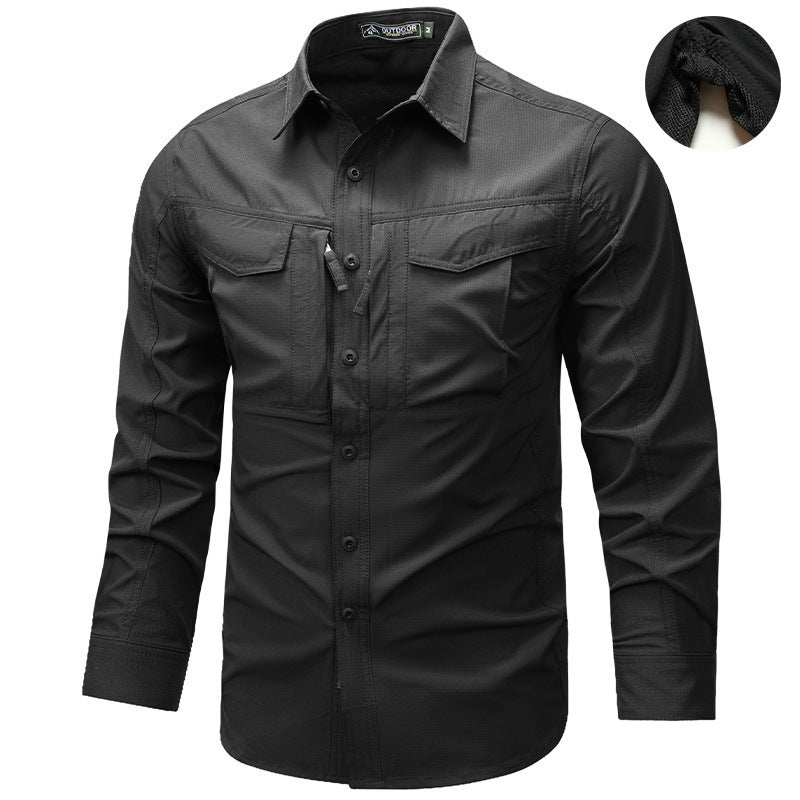 Men's Long Sleeve Outdoor Shirt with Ripstop, Chest Pockets and Zipper Pocket Chichicherry