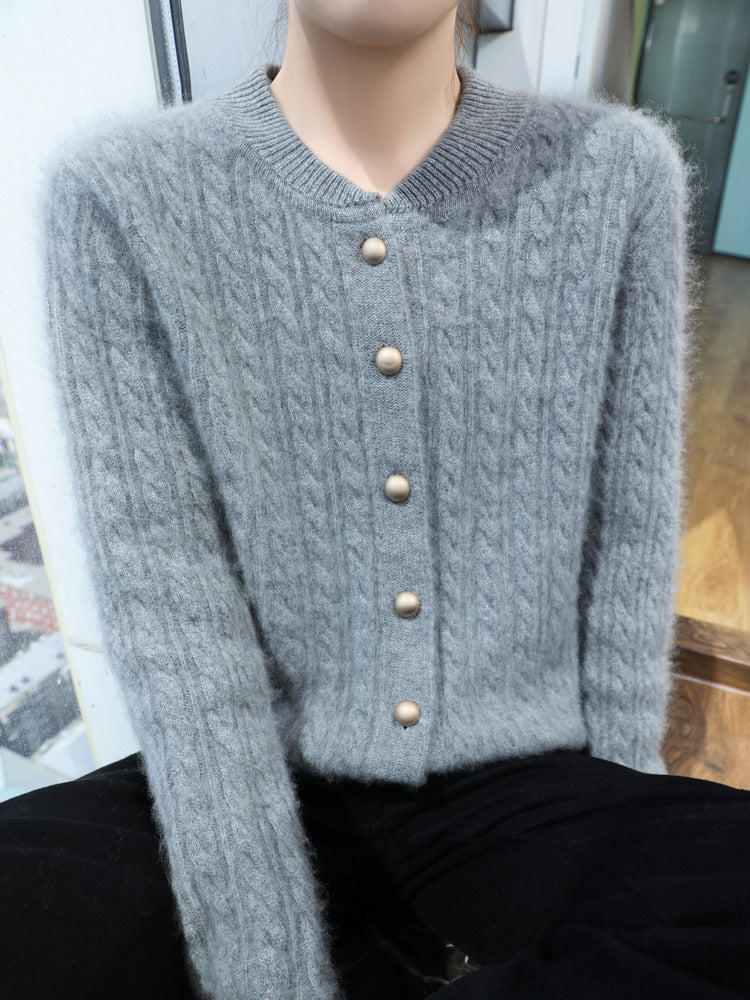 Women Lightweight Braid Knit Cardigan in Mohair Look with Decorative Mother of Pearl Buttons Chichicherry