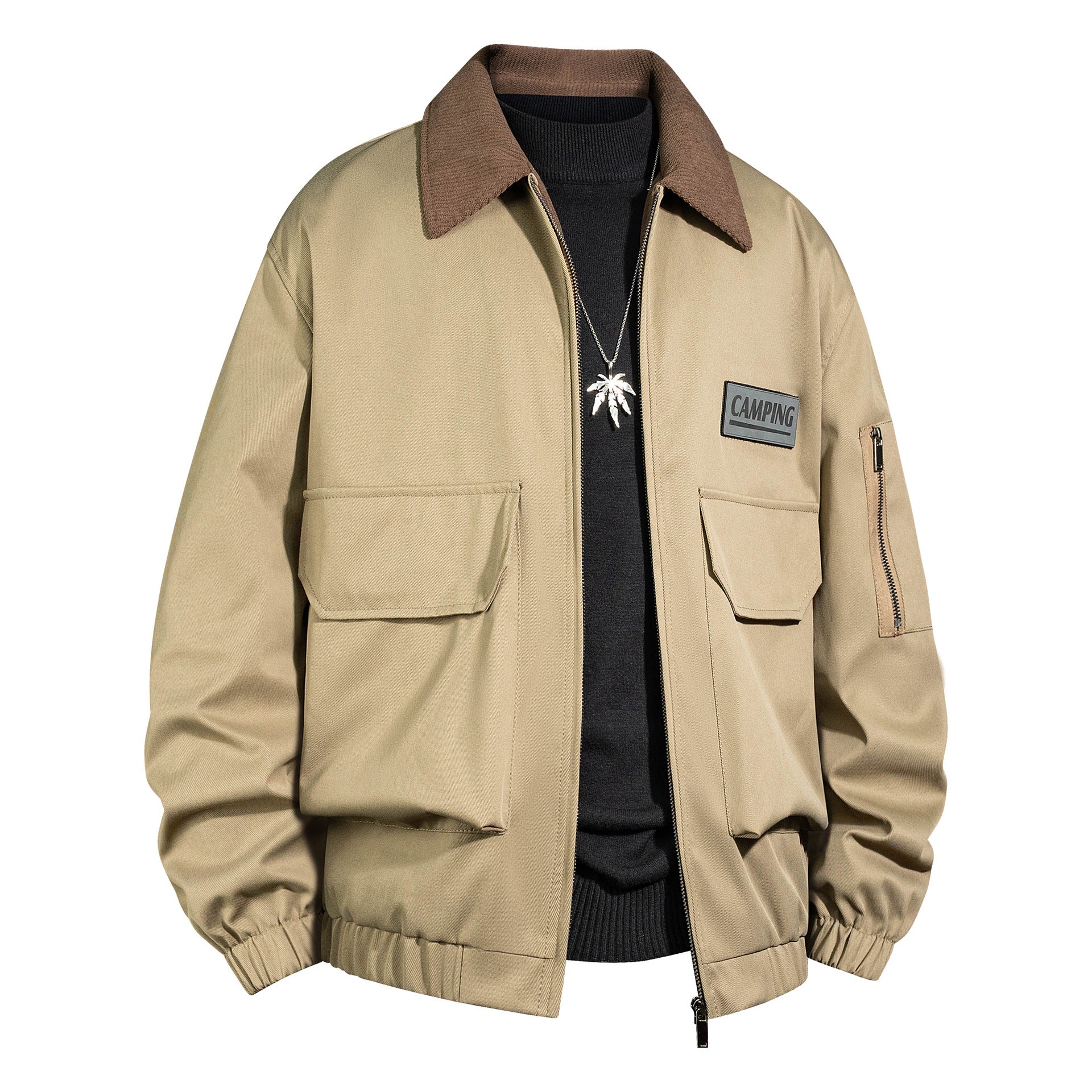 Men's Outdoor Bomber Jacket with Cord Collar and Multifunction Pockets Chichicherry