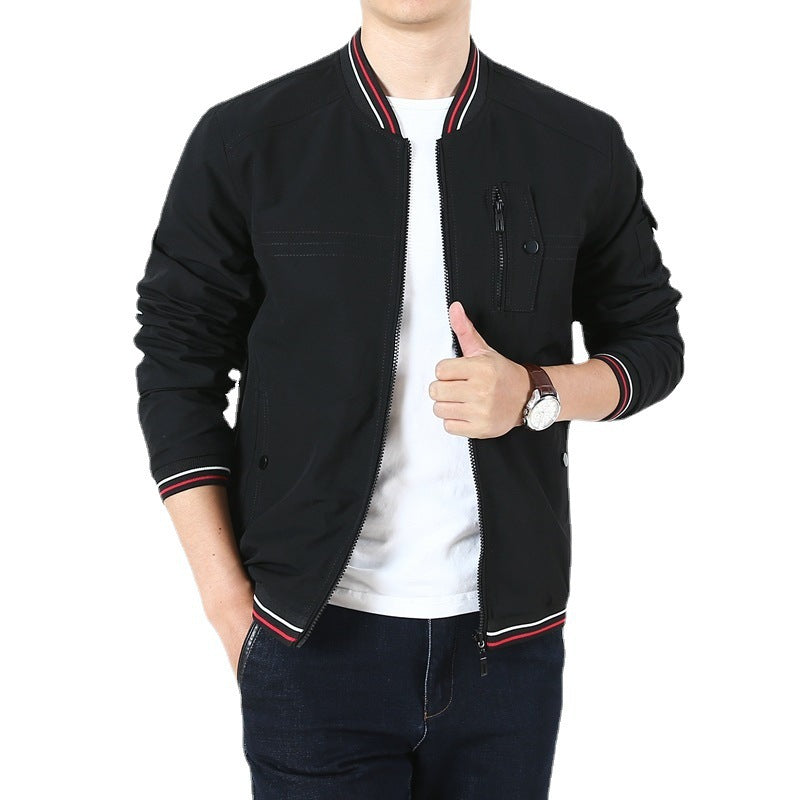 Men's Lightweight Bomber Jacket in Retro Sports Style with Ribbed Collar and Zipper Pocket Detail Chichicherry