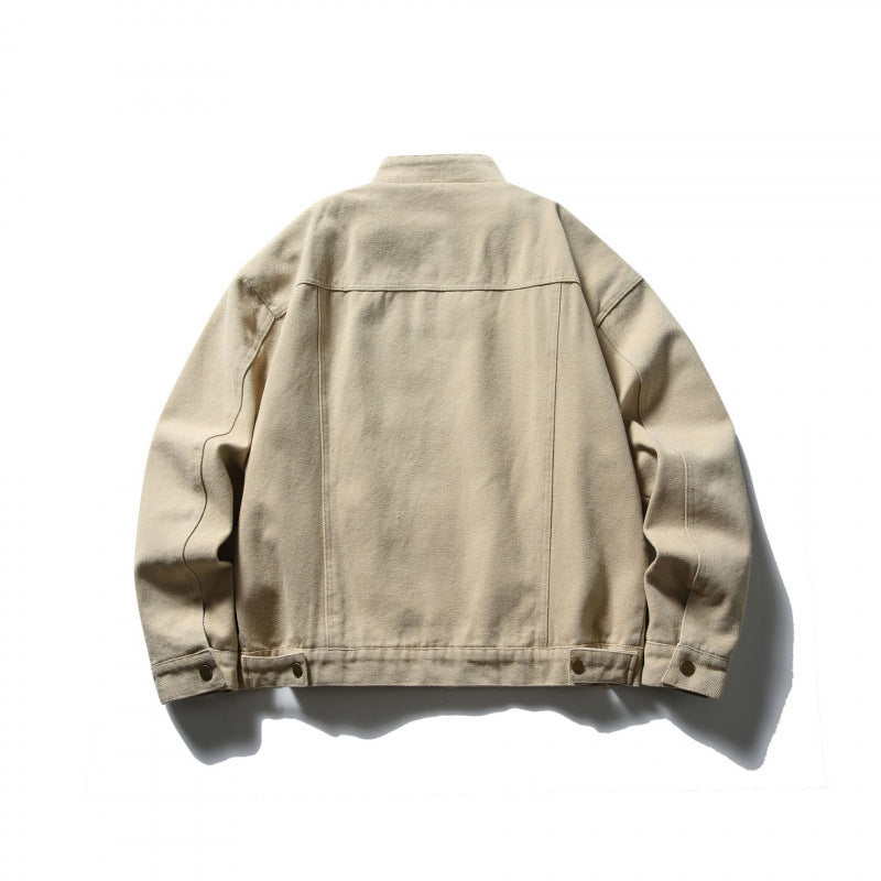 Men's Boxy Canvas Jacket with Stand-Up Collar, Zipper and Seam Panels Chichicherry