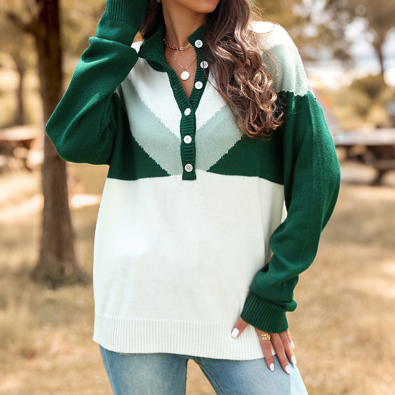 Women's chunky knit henley pullover with stand-up collar and chevron intarsia Chichicherry