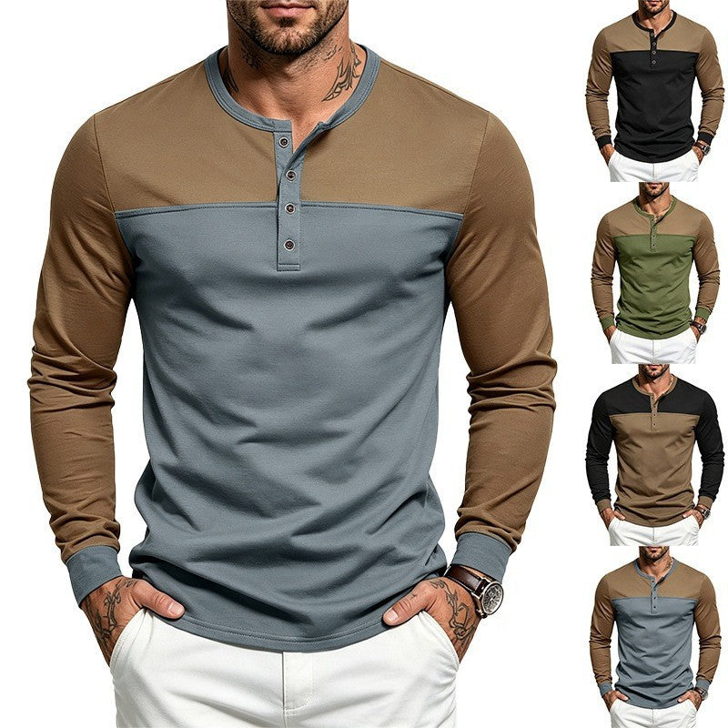 Men's Slim-Fit Long Sleeve Henley Shirt with Contrast Piping and Button Placket Chichicherry