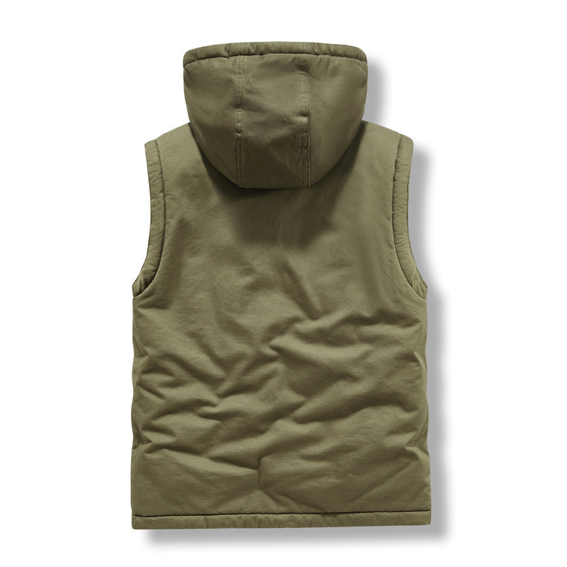 Men's Sleeveless Canvas Vest with Teddy Fleece Lining, Hood, and Two-Way Zipper Chichicherry