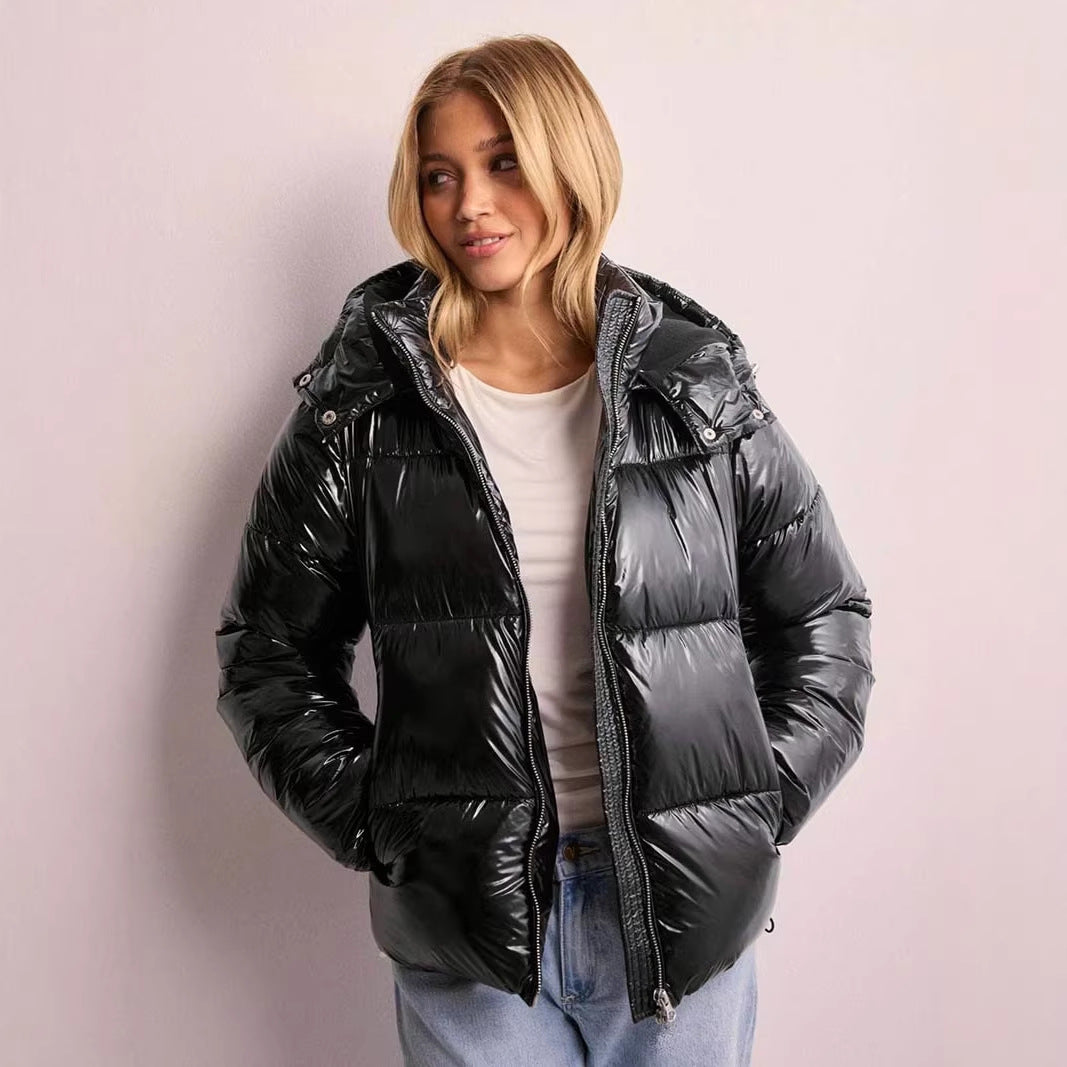 Women's quilted puffer jacket with hood, high stand-up collar, and two-way zipper Chichicherry