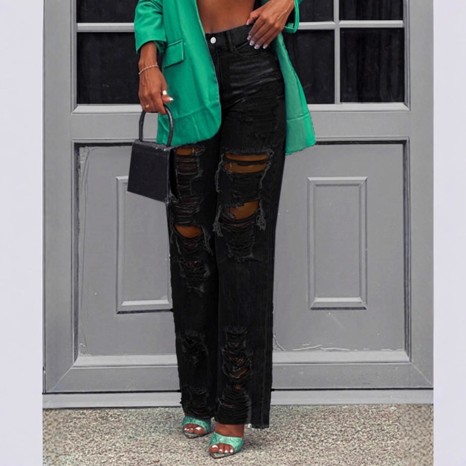 Ladies high-waisted destroyed jeans with wide legs and large knee rips Chichicherry