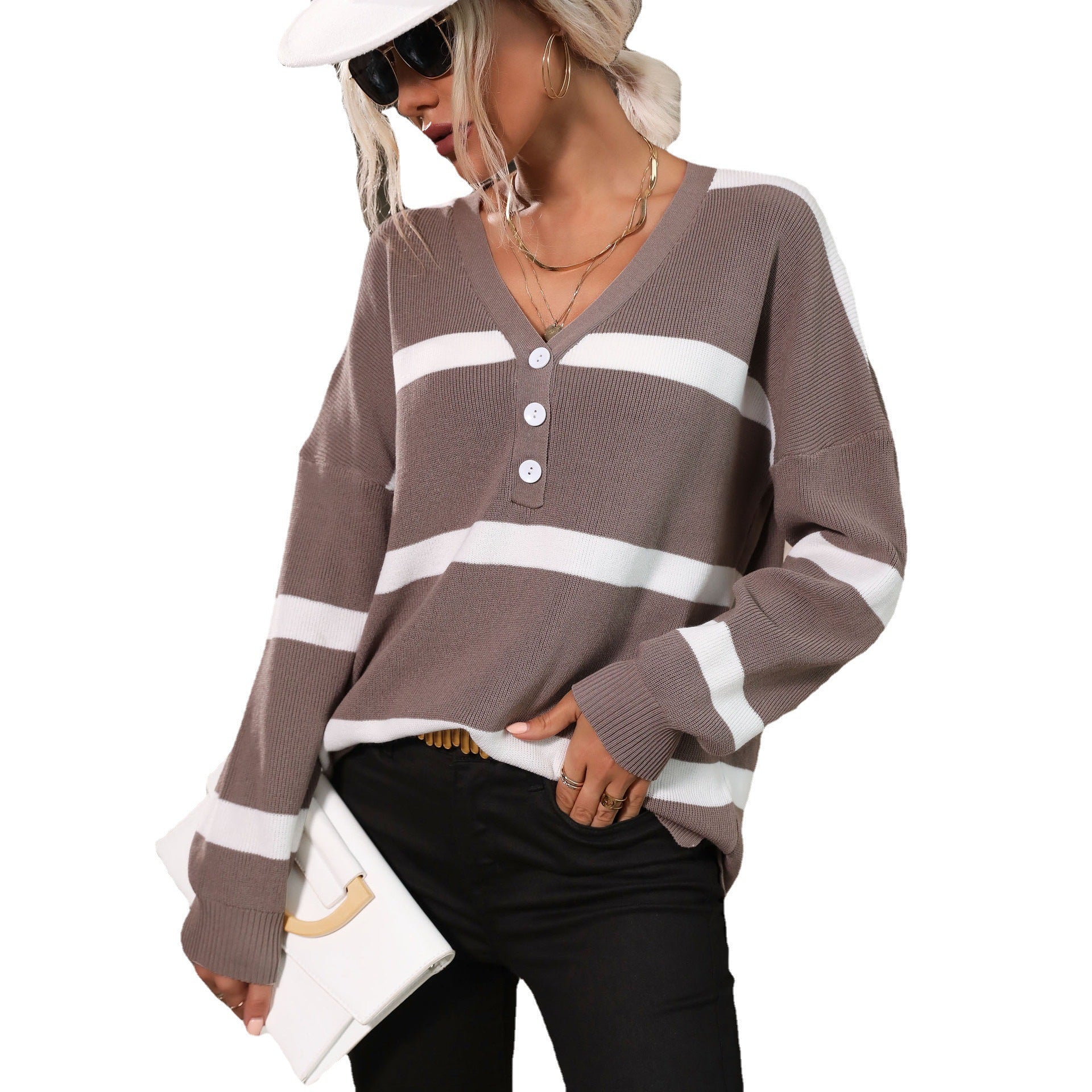 Women's Loose V-Neck Fine Knit Sweater with Button Placket and Dropped Shoulder Chichicherry