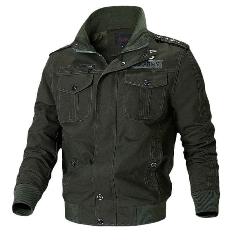 Men's Canvas Pilot Jacket with Shoulder Piping, Zipper Placket and Utility Flap Pockets Chichicherry