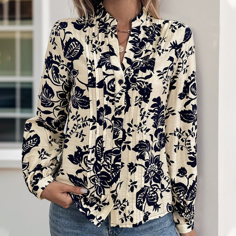 Women's Floral Viscose Blouse with Stand-up Collar, Pleats and Hidden Button Placket Chichicherry