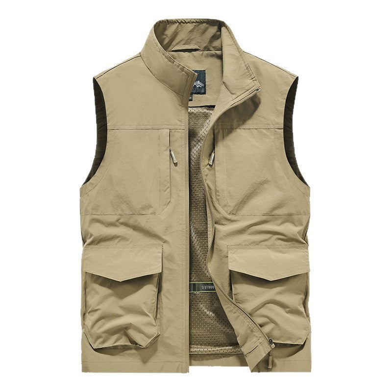 Men's Utility Outdoor Vest with Multiple Pockets, Mesh Lining & Stand Collar Chichicherry