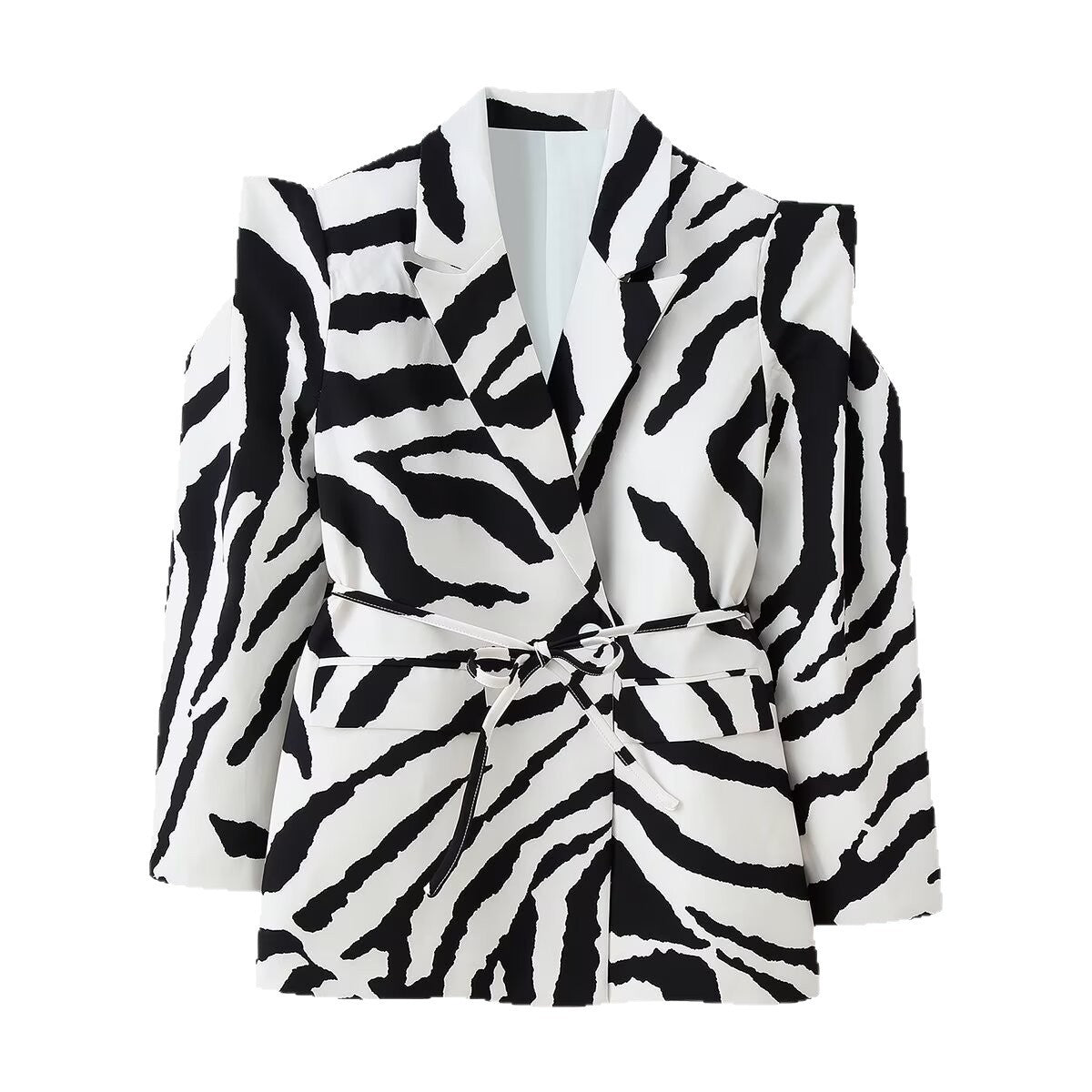 Women Tailored Blazer with Belt and Cut-Out Shoulders Chichicherry