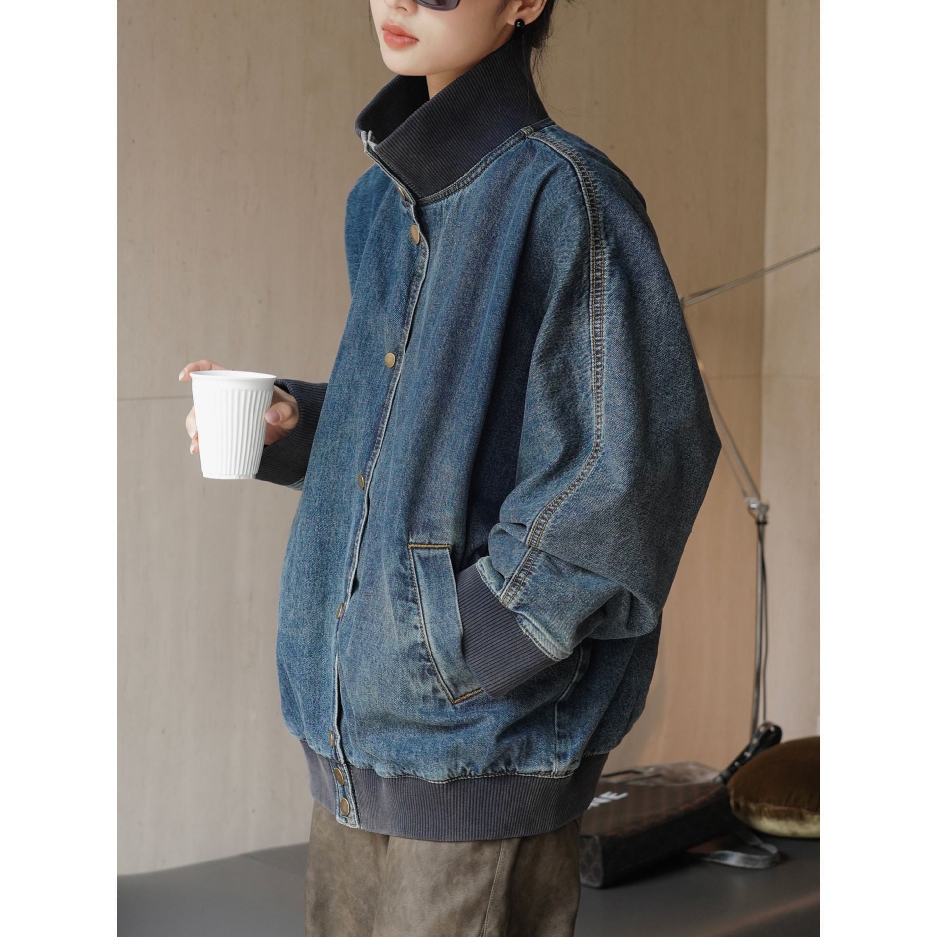 Women's Oversized Jeans Bomber Jacket with Ribbed Collar and Snap Button Front Chichicherry