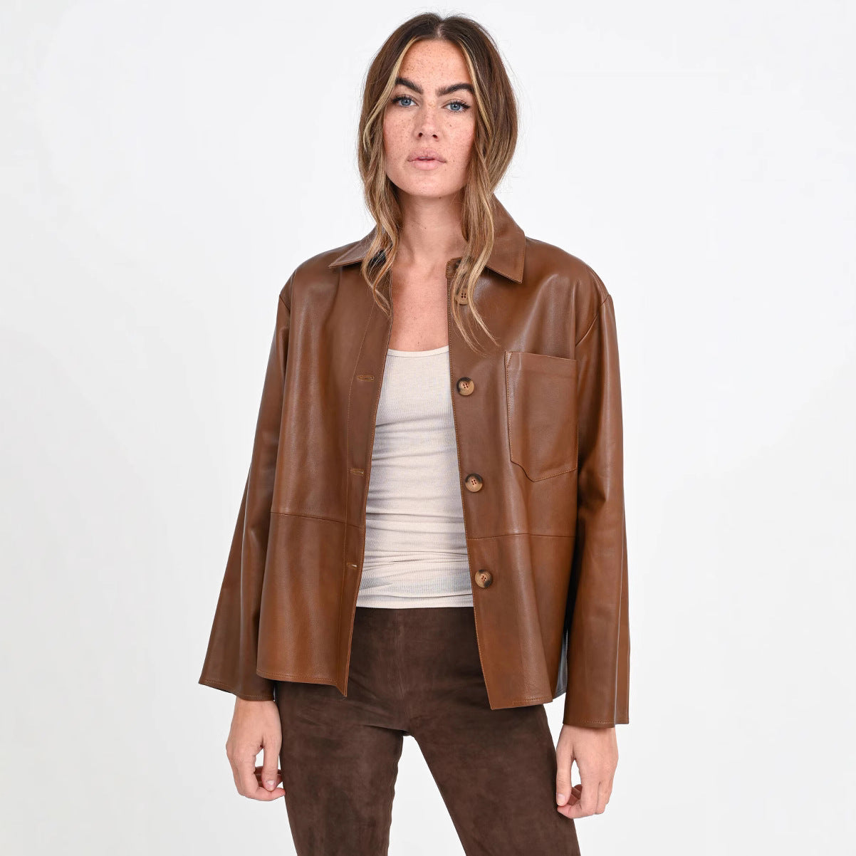 Women's Overshirt Jacket in Leather Look with Attached Breast Pocket and Concealed Button Placket Chichicherry