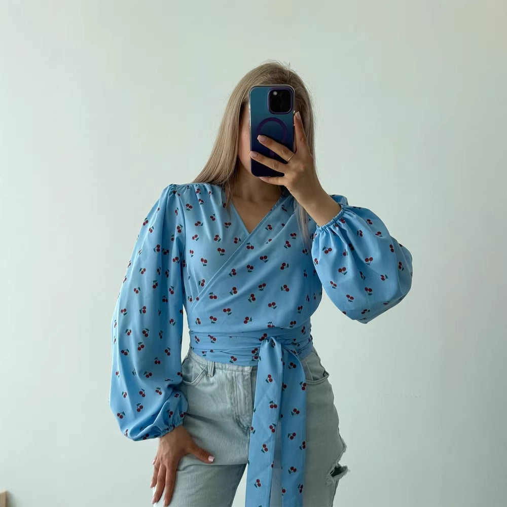 Women's wrap blouse with cherry print, wide puff sleeves & tie belt Chichicherry