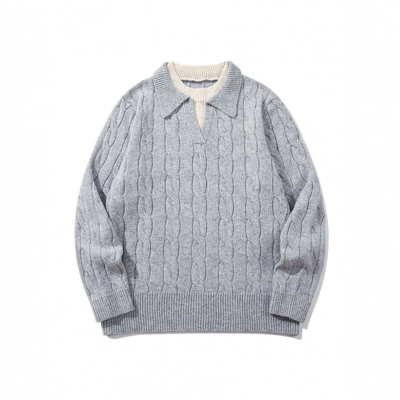 Men's chunky knit cable pattern sweater with polo collar and V-neck Chichicherry