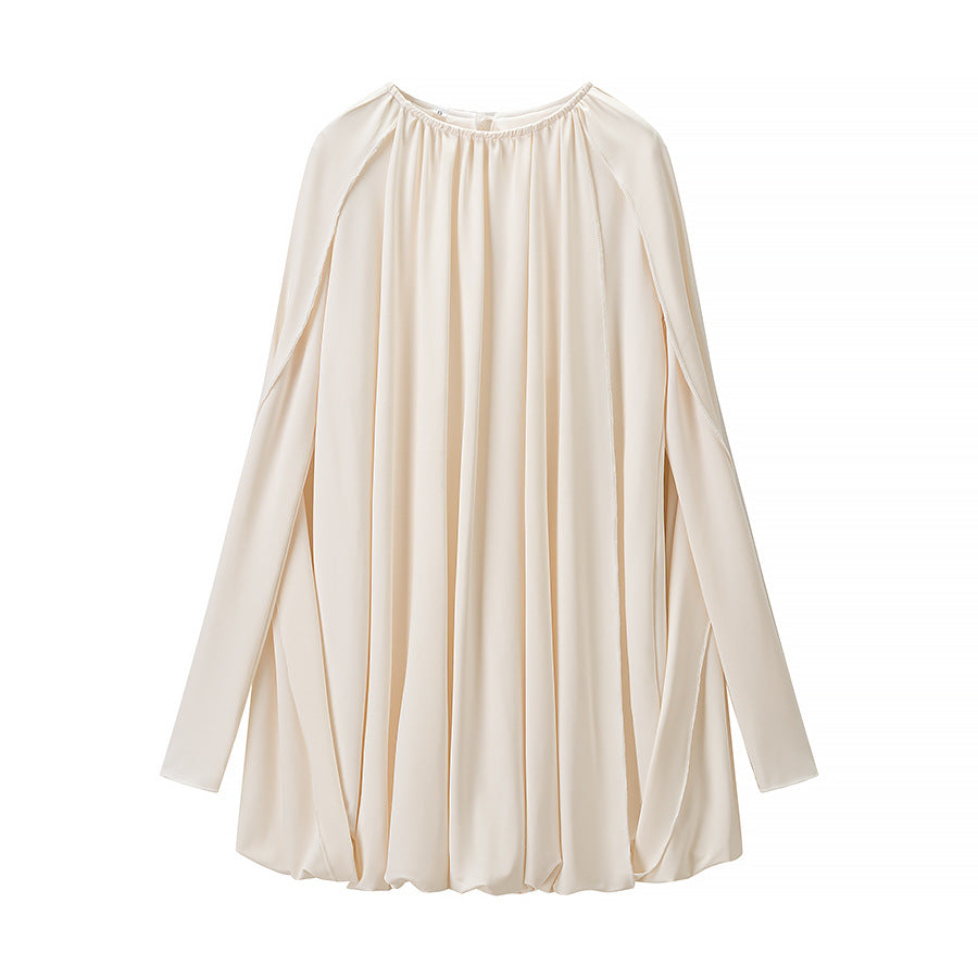 Women Pleated Cocktail Mini Dress with Long Fitted Sleeves and Ballooned Hem Chichicherry