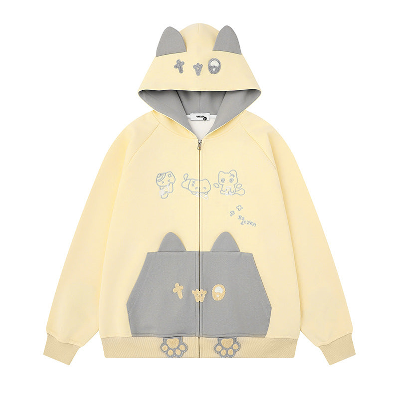 Women's hooded sweatshirt jacket with ears, full-length zipper, kangaroo pocket with paw appliqué and playful embroidery Chichicherry