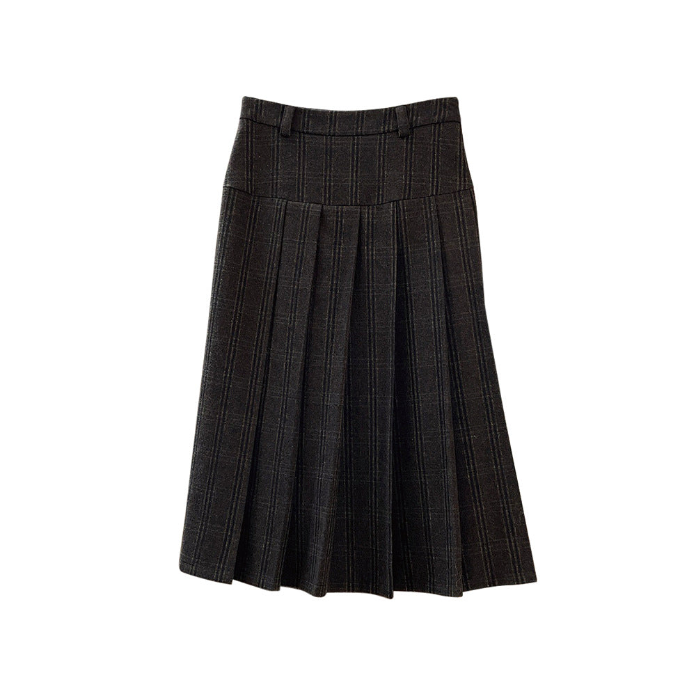 Women's Wide Checkered Culotte Pants with High Waist, Pleats and Flowing Wool Look Chichicherry