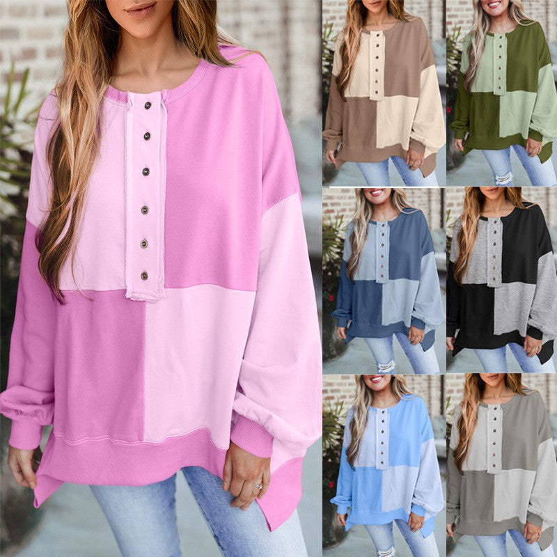 Women's Oversized Long Sleeve Sweatshirt in Colorblock with Henley Button Placket and Balloon Sleeves Chichicherry