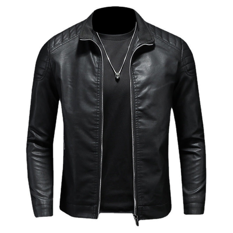 Men's slim fit faux leather moto jacket with stand-up collar and quilted shoulder yoke Chichicherry