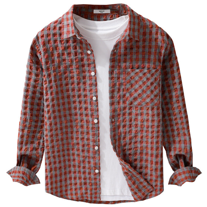 Men's Lightweight Crinkle Check Overshirt made of Cotton Blend with Applied Chest Pocket Chichicherry