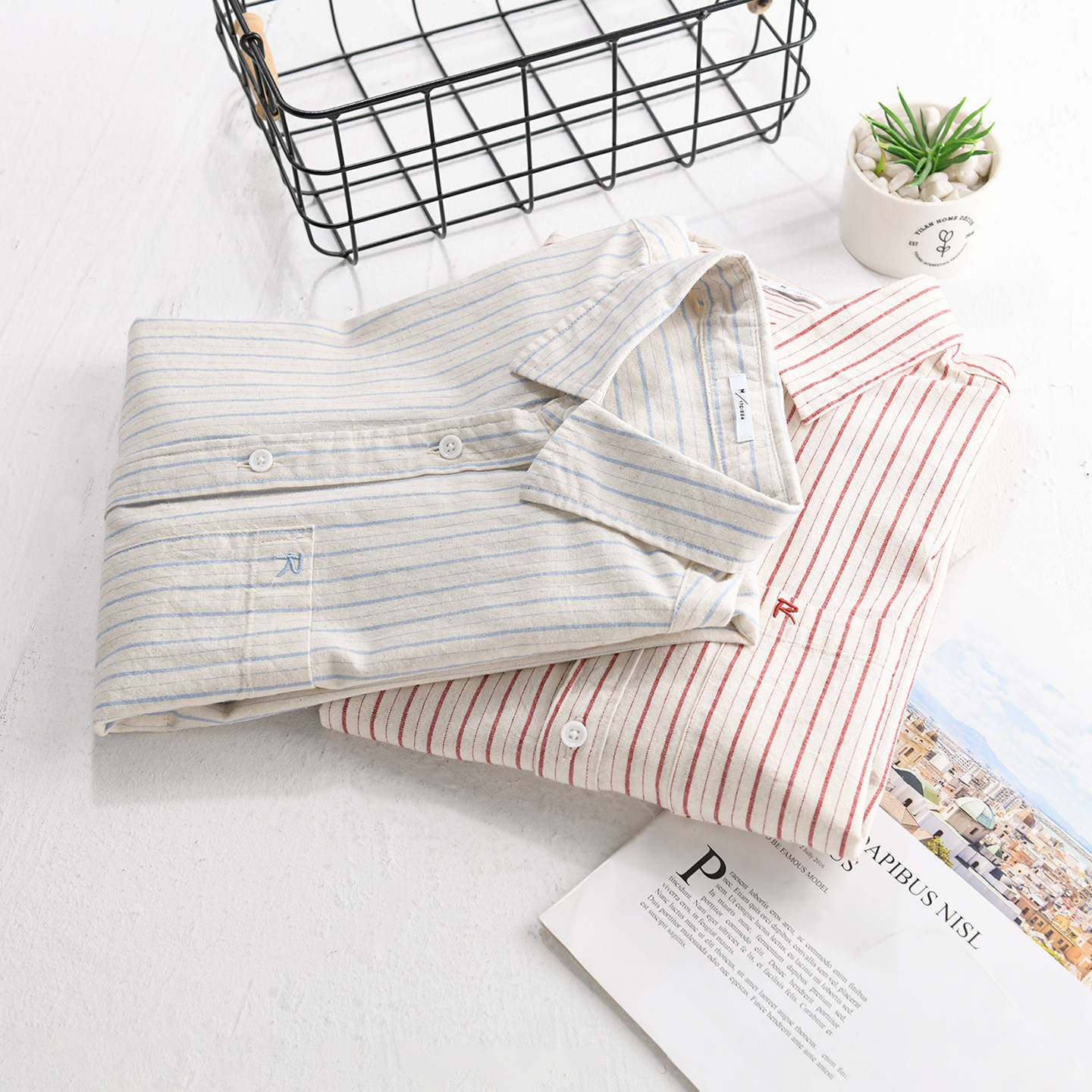 Men's Relaxed-Fit Striped Shirt made of lightweight Cotton-Linen with patch Chest Pocket Chichicherry