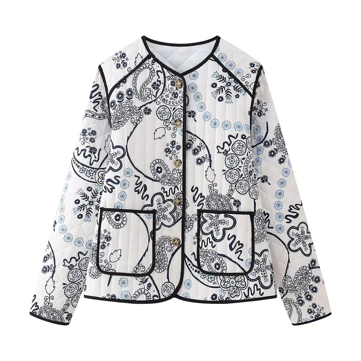 Women's Quilted Paisley Print Quilted Jacket with Contrast Piping and Round Neckline Chichicherry
