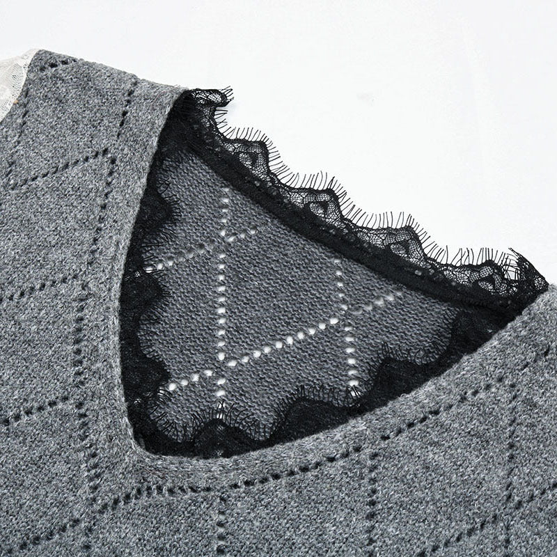Women's Casual Fine Knit Sweater with Openwork Diamond Pattern, Transparent Lace Sleeves and Ribbed Cuffs Chichicherry
