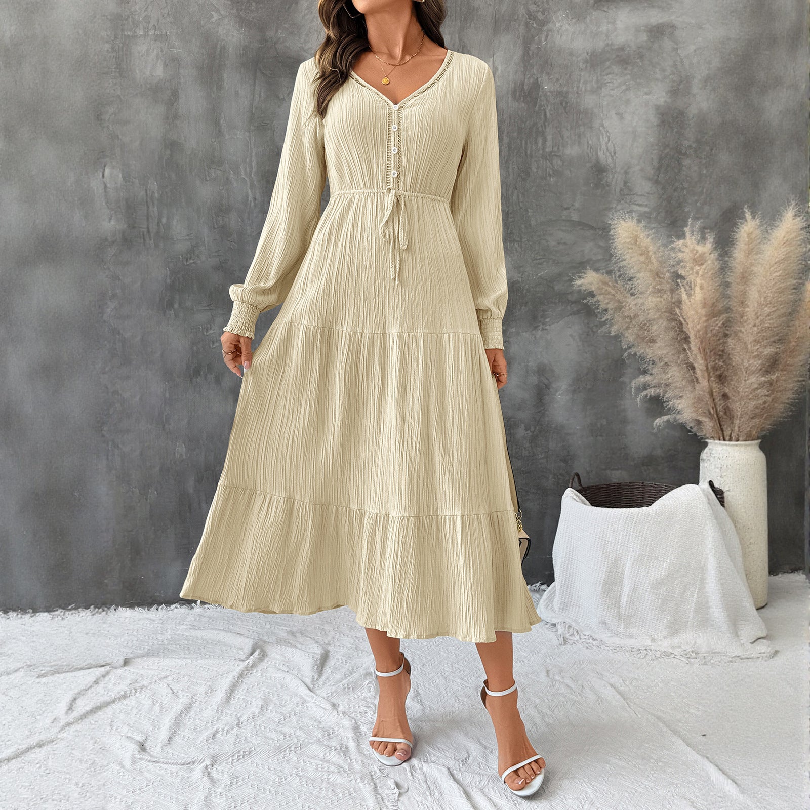 Women's Crinkle Midi Dress with V-Neck, Waistband and Ruffle Hem