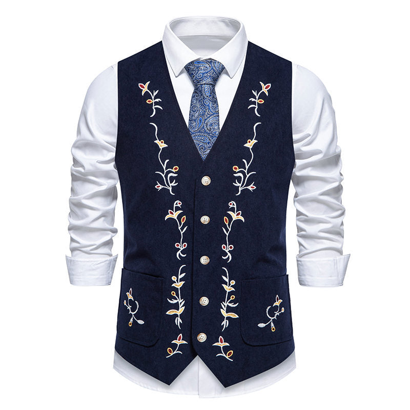 Men's Traditional Embroidered Suit Vest with V-Neck and Decorative Buttons Chichicherry