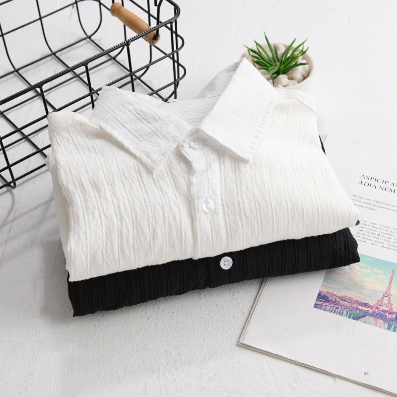 Men's Lightweight Cotton Long Sleeve Shirt in Layering Style with Fine Crinkle Texture and Kent Collar Chichicherry