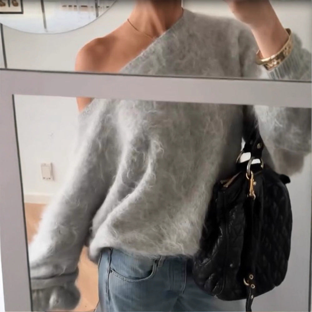 Women Oversize Mohair Blend Off-Shoulder Sweater with Balloon Sleeves Chichicherry