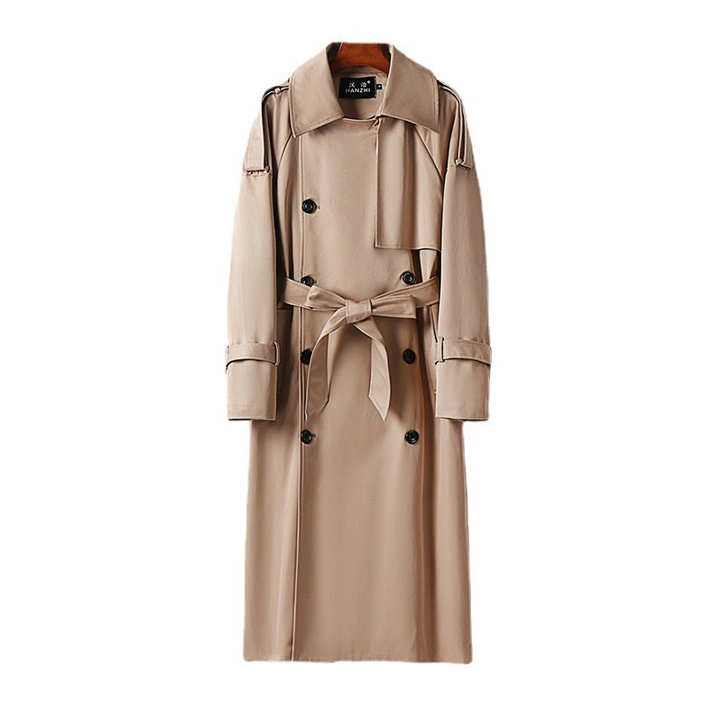 Women Longer Double-breasted Trench Coat with Tie Belt and Epaulettes Chichicherry